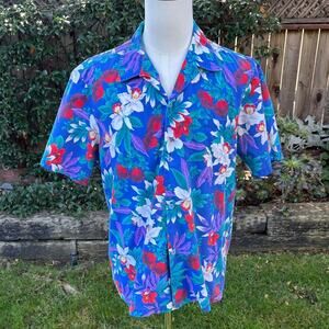 Vintage Made in Hawaii Floral Blue Hawaiian Men's Shirt NO tag Large ??